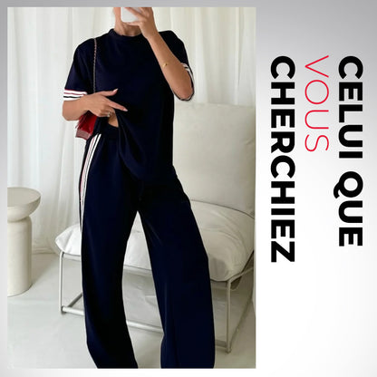 Ensemble de T-shirt Rayé et Pantalon de Jogging à Jambes Larges pour Femmes