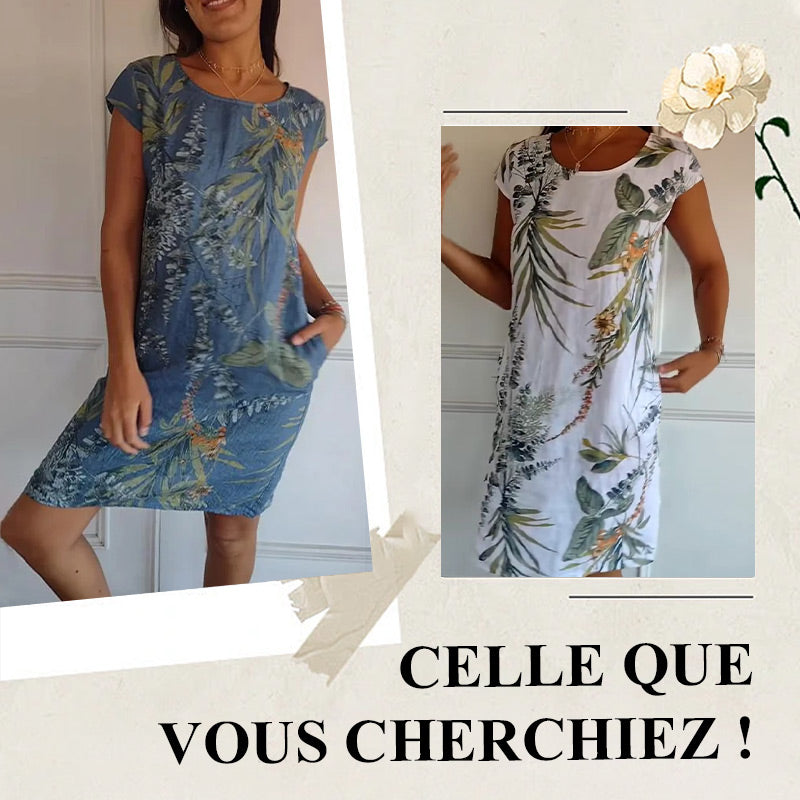 🌷Vente de printemps 53% de réduction🍀Robe à col rond à imprimé botanique pour femmes