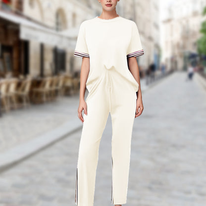 Ensemble de T-shirt Rayé et Pantalon de Jogging à Jambes Larges pour Femmes