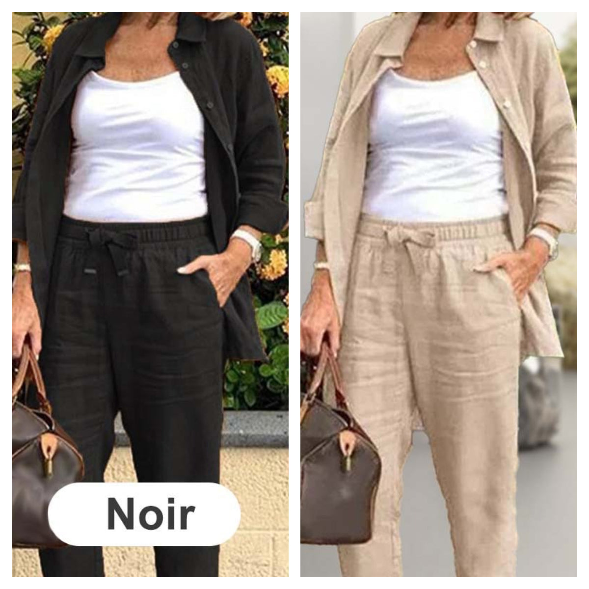 Ensemble Chemisier à Manches Longues et Pantalon en Coton et Lin pour Femmes