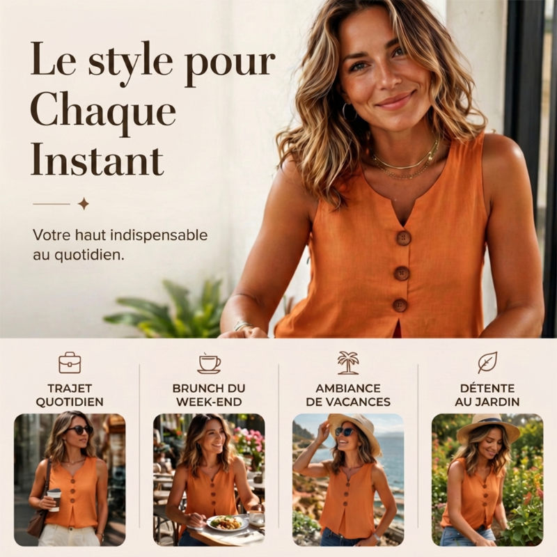 Gilet sans manches en coton et lin à col en V pour femme