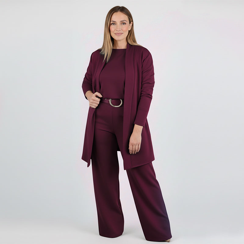 Ensemble 3 pièces élégant comprenant un cardigan long, un haut et un pantalon