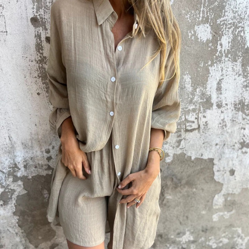 🔥Vente flash 59% de réduction💃Ensemble deux pièces chemise et short décontractés en coton et lin pour femme