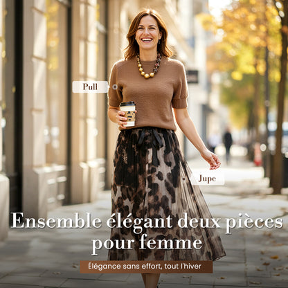 Ensemble deux pièces pour femme composé d'un pull et d'une jupe fluide à imprimé léopard