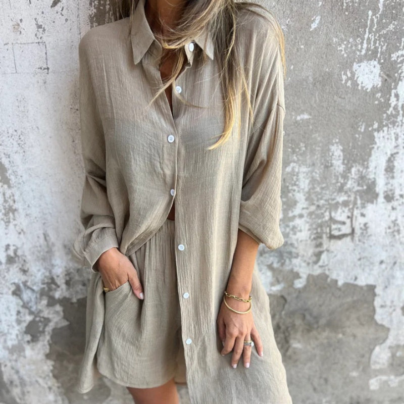 🔥Vente flash 59% de réduction💃Ensemble deux pièces chemise et short décontractés en coton et lin pour femme