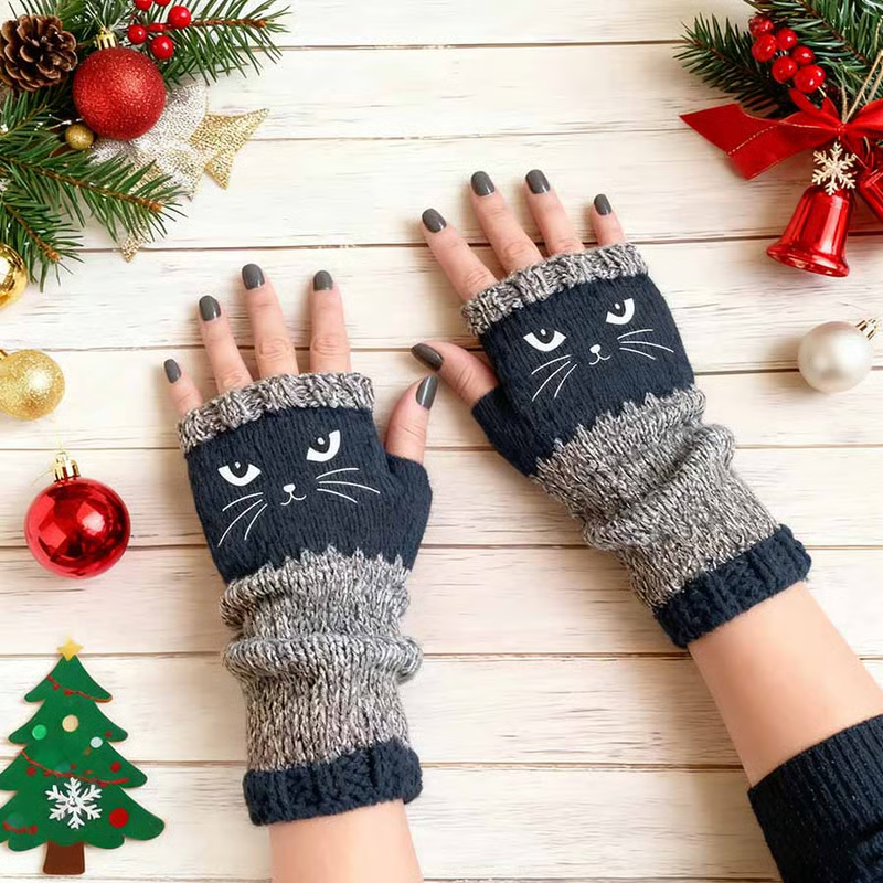 🎁 Promotion du dernier jour 50 % DE RÉDUCTION 🐱 Gants tricotés pour femmes avec motif chat — Pour des mains au chaud et des doigts libres 🧶