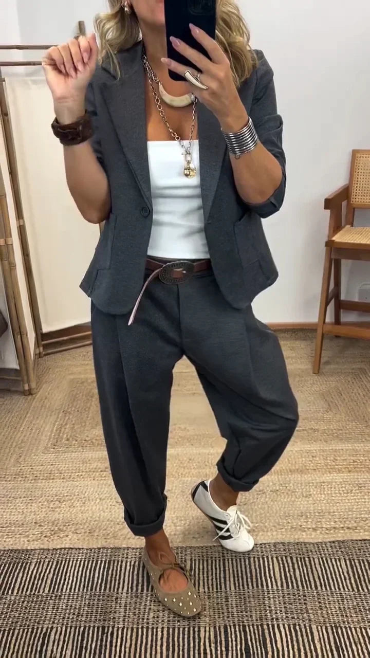 Veste à col pour femme + pantalon - Ensemble élégant pour aller au travail