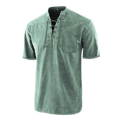 🥰Vintage men's V neck tie linen pocket short sleeve T Shirt loose top
