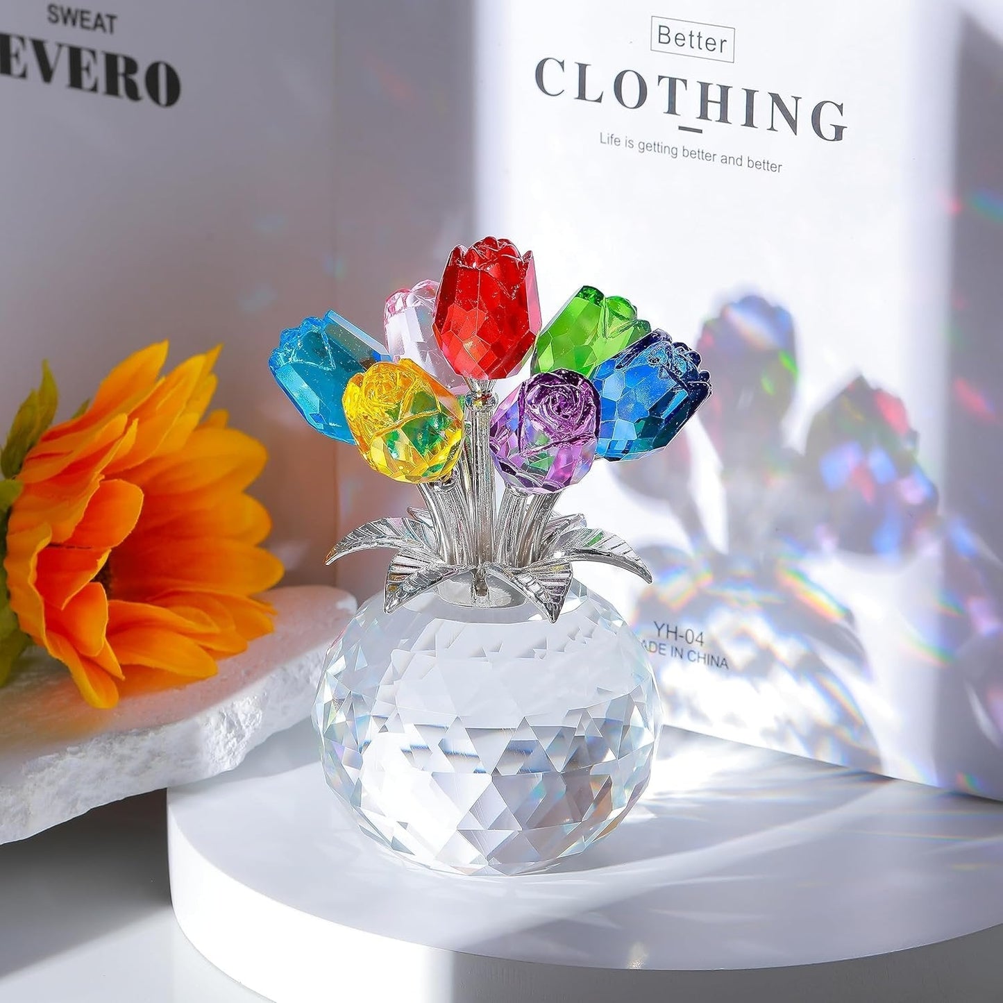 💐 50% DE RÉDUCTION ! ✨ Figurine de fleurs roses en cristal avec vase – Décoration élégante, Fait main & Idée cadeau parfaite 🎁