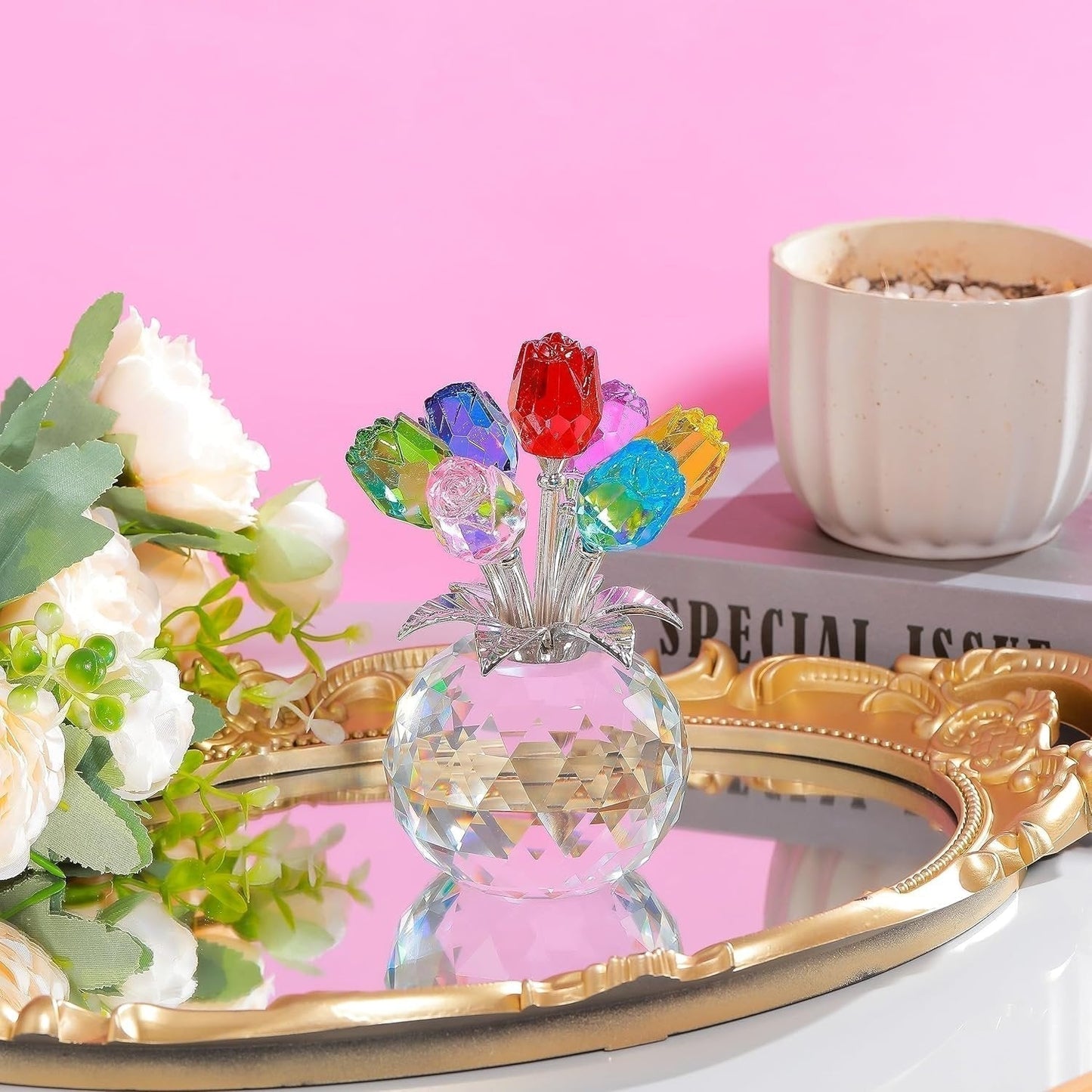 💐 50% DE RÉDUCTION ! ✨ Figurine de fleurs roses en cristal avec vase – Décoration élégante, Fait main & Idée cadeau parfaite 🎁