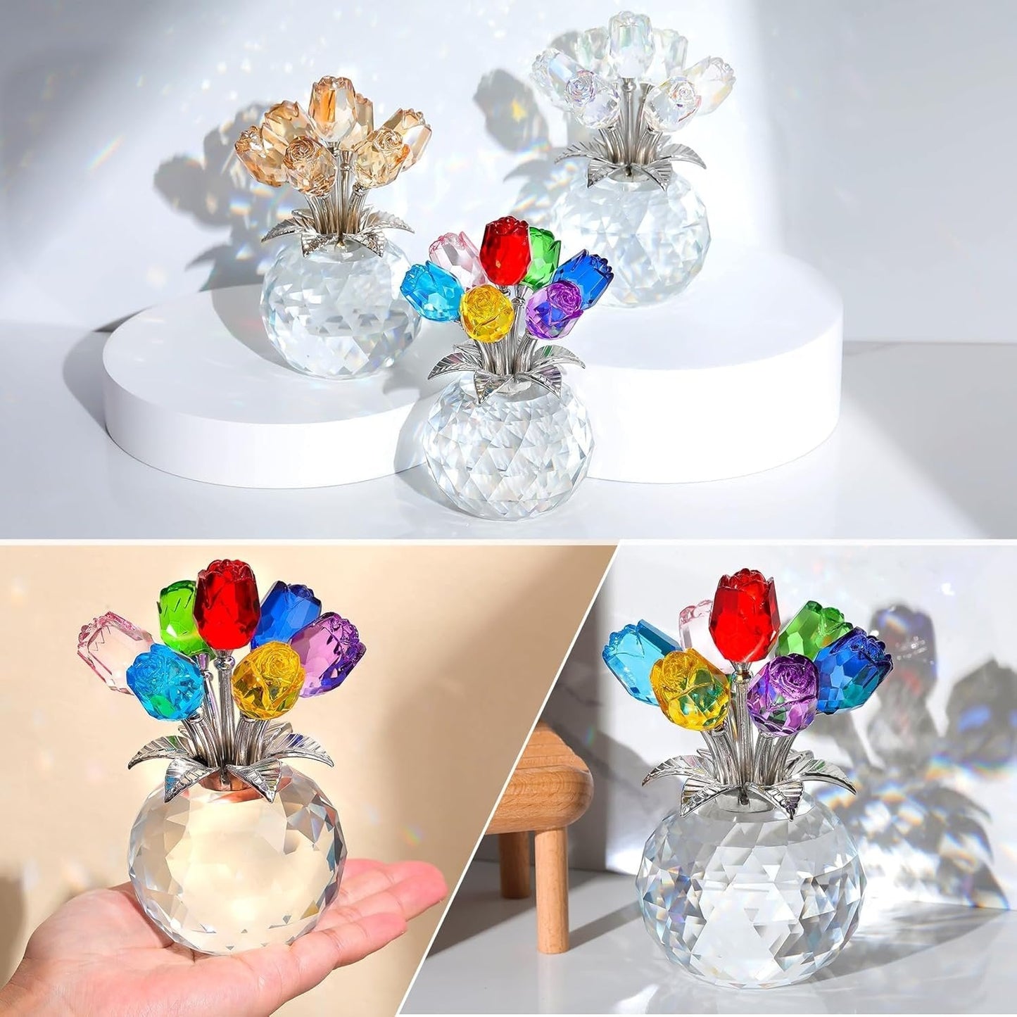 💐 50% DE RÉDUCTION ! ✨ Figurine de fleurs roses en cristal avec vase – Décoration élégante, Fait main & Idée cadeau parfaite 🎁