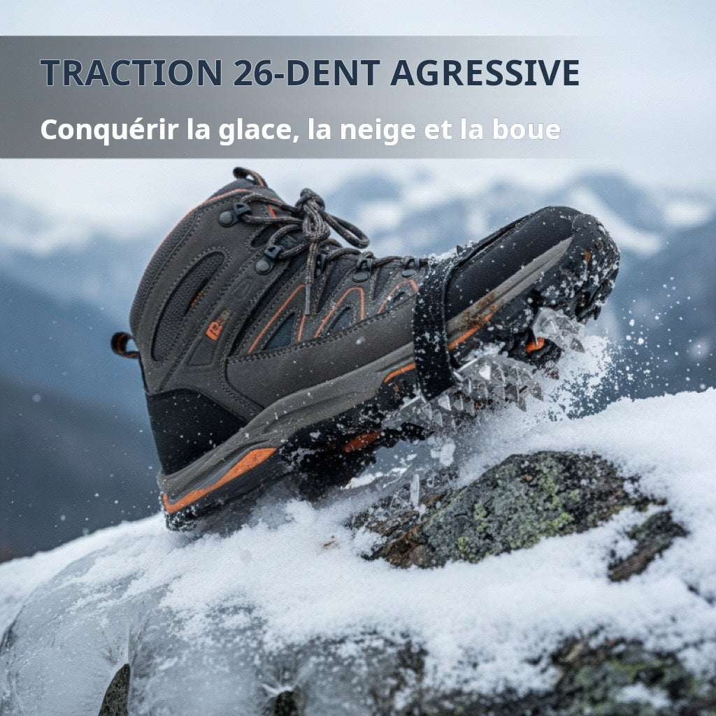 Crampons 26 Dents Acier Manganèse 🥾 | Plaques Antidérapantes en Acier Inoxydable ⚙️ | Pour Glace, Neige, Boue & Escalade ❄️🧗 | Compatibles avec Surchaussures