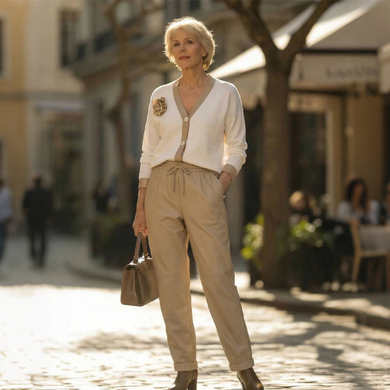 🔥Ensemble décontracté pour femme avec haut à col en V et pantalon taille haute
