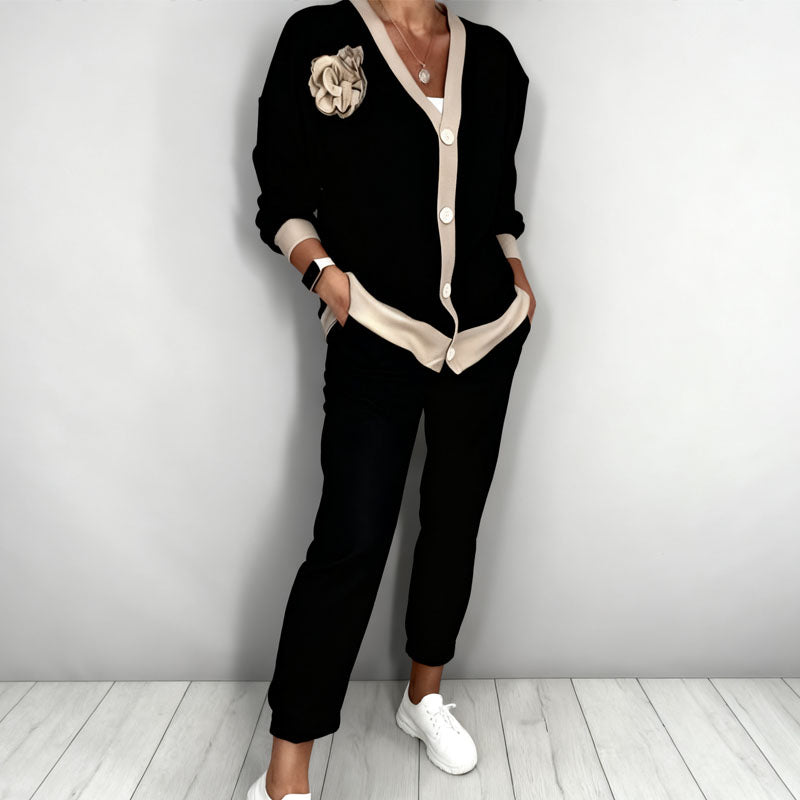 🔥Ensemble décontracté pour femme avec haut à col en V et pantalon taille haute