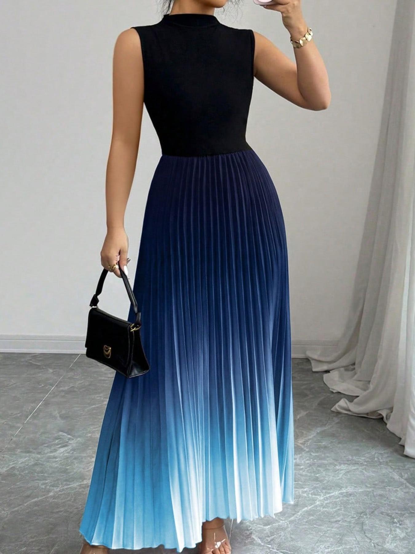 ❤️Robe longue sans manches plissée à effet ombré et col haut