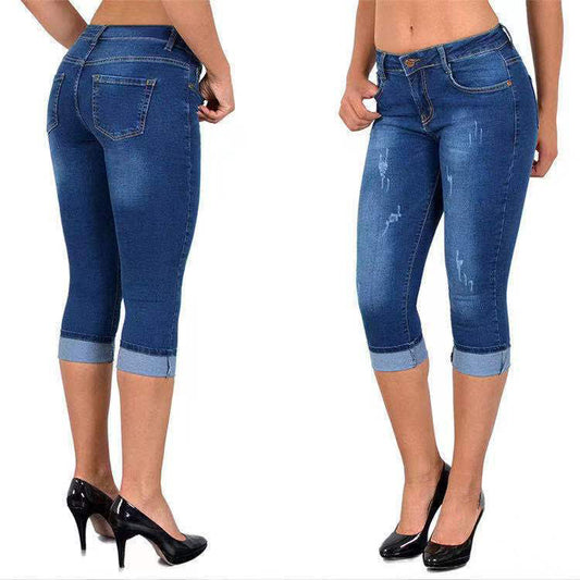Jean capris déchiré avec ourlet retroussé