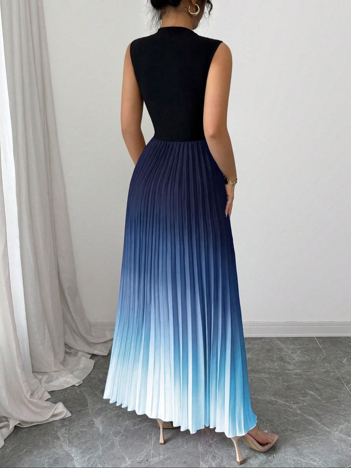 ❤️Robe longue sans manches plissée à effet ombré et col haut
