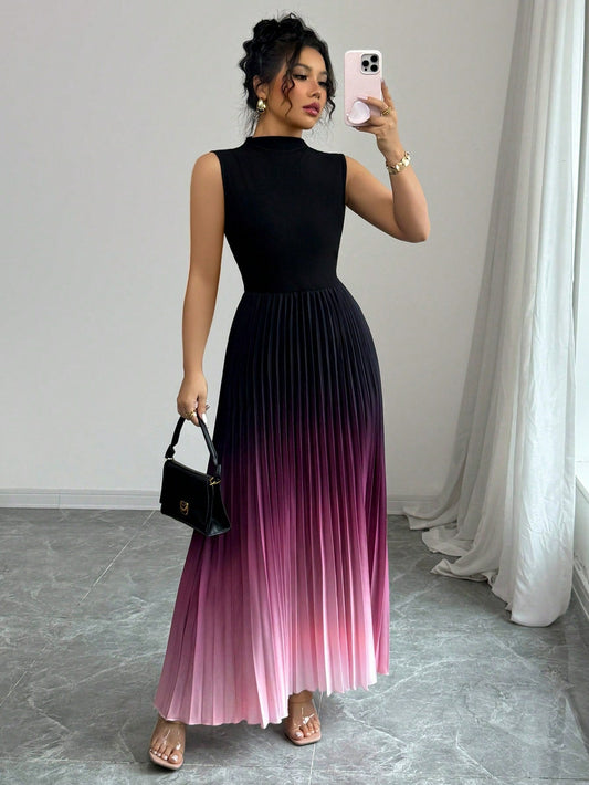 ❤️Robe longue sans manches plissée à effet ombré et col haut