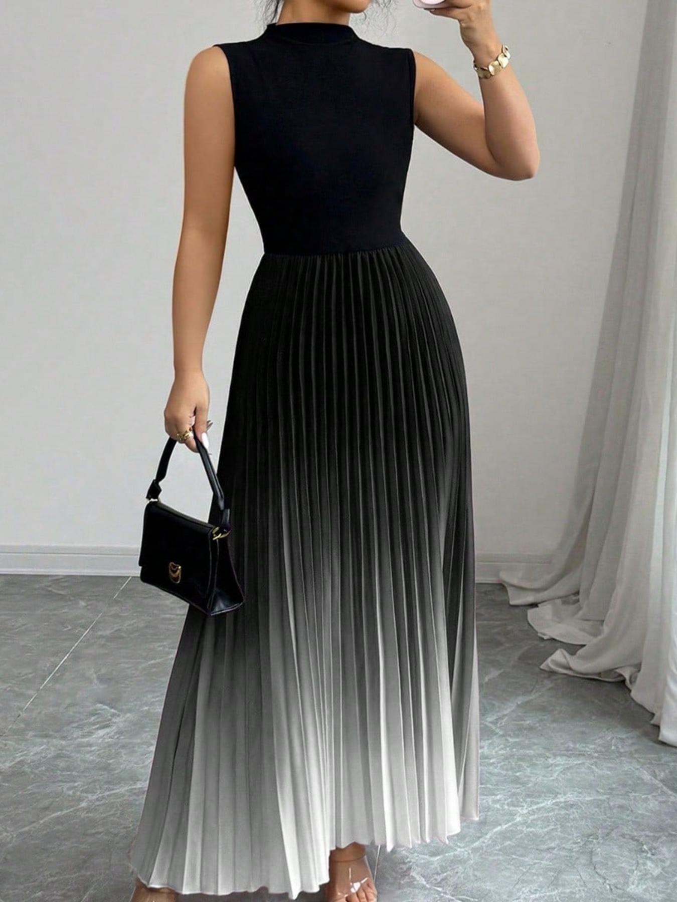 ❤️Robe longue sans manches plissée à effet ombré et col haut