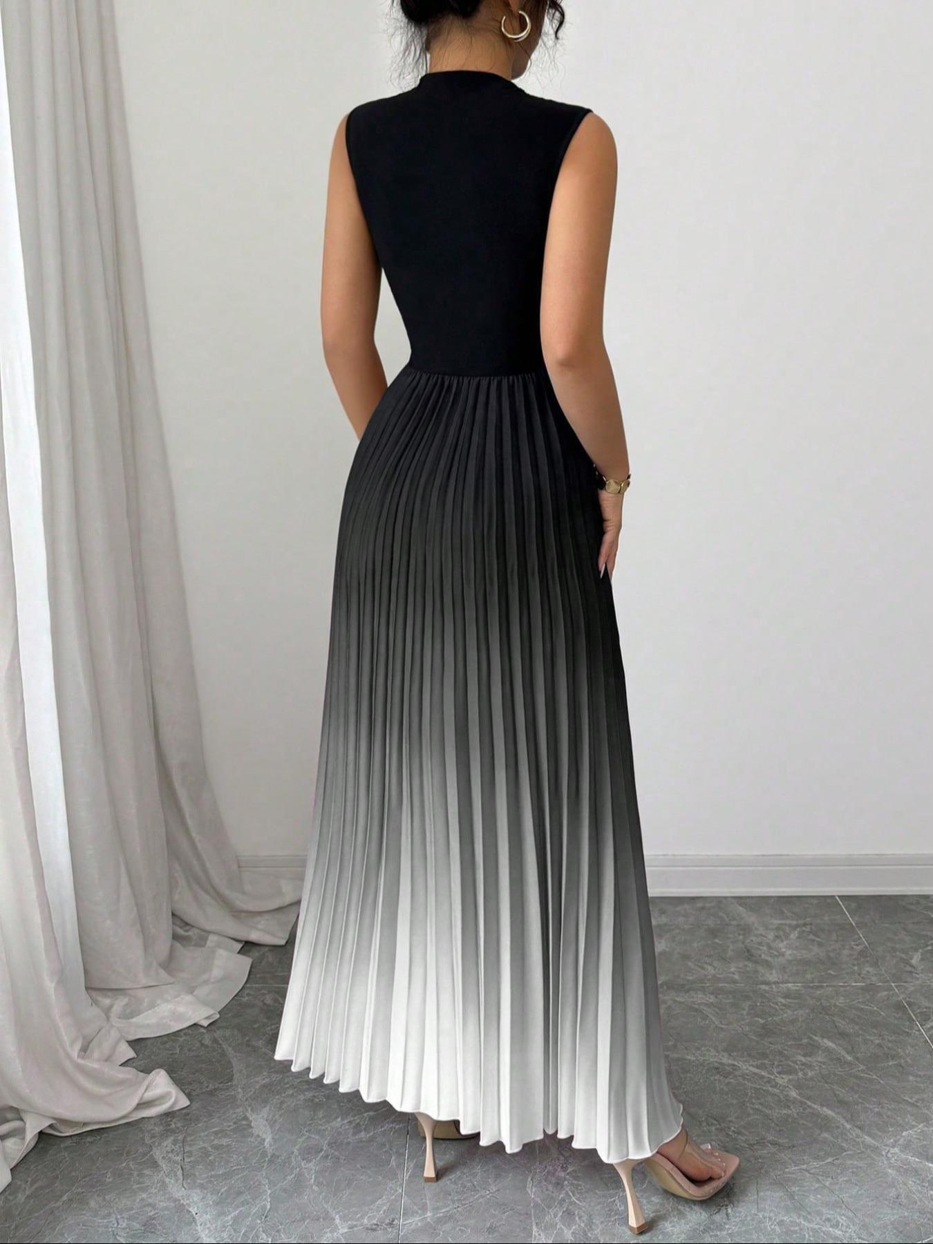❤️Robe longue sans manches plissée à effet ombré et col haut