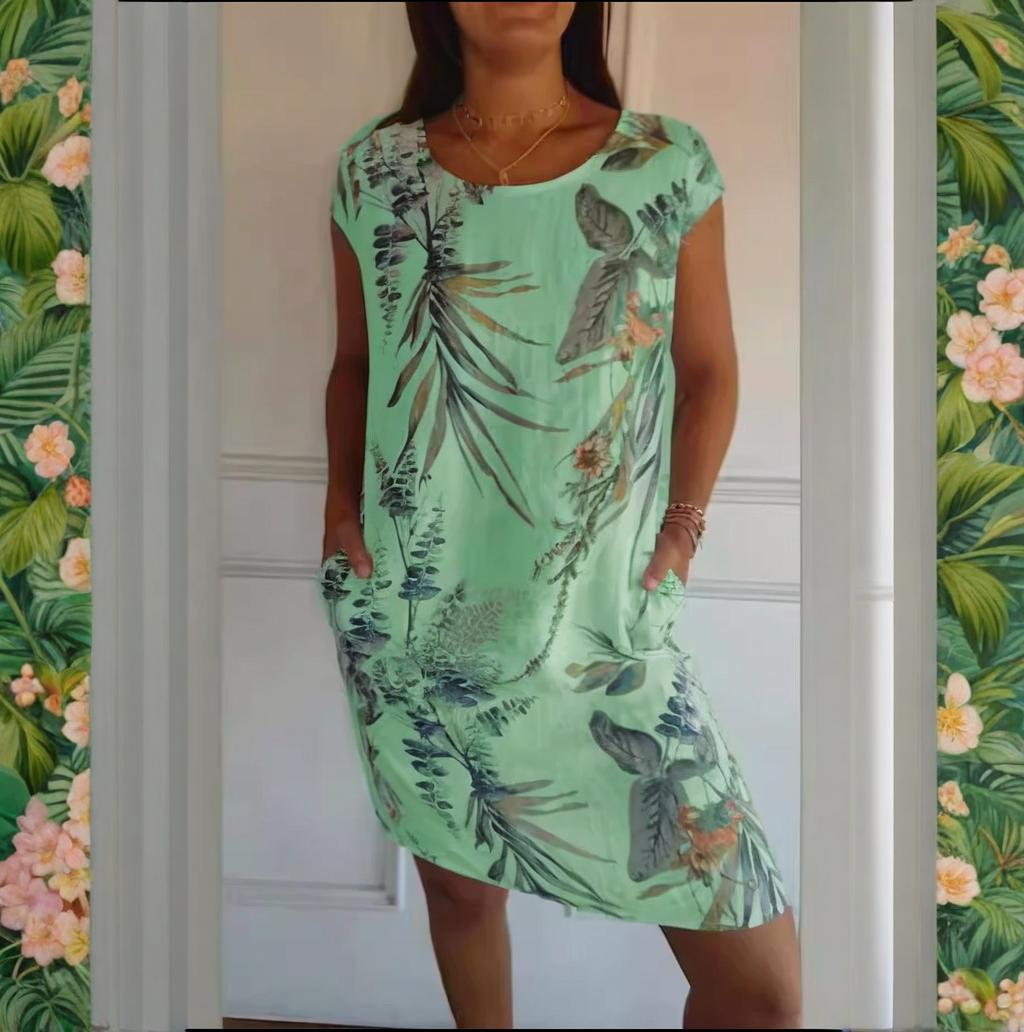 🌷Vente de printemps 53% de réduction🍀Robe à col rond à imprimé botanique pour femmes