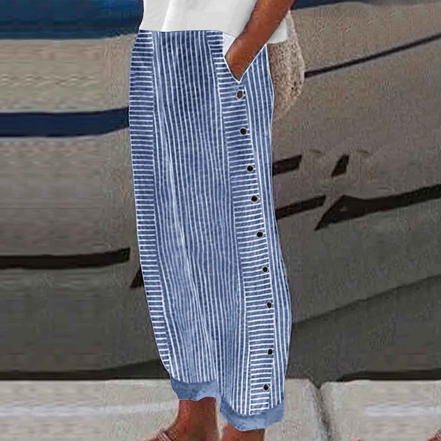☀️ Promotion de printemps – 50 % DE RÉDUCTION !! 🌿🌸 Pantalon rayé bleu confortable avec poches latérales