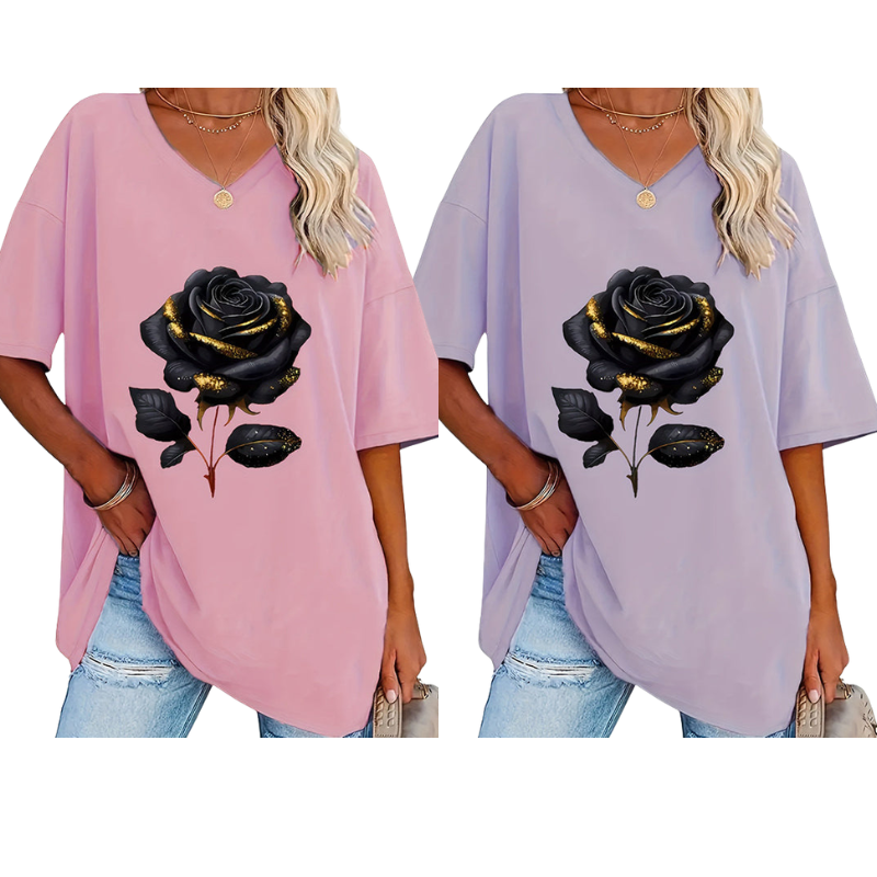 📊 Déjà plus de 100.000 vendus ! T-shirt à col en V imprimé roses pour femmes grandes taillesC