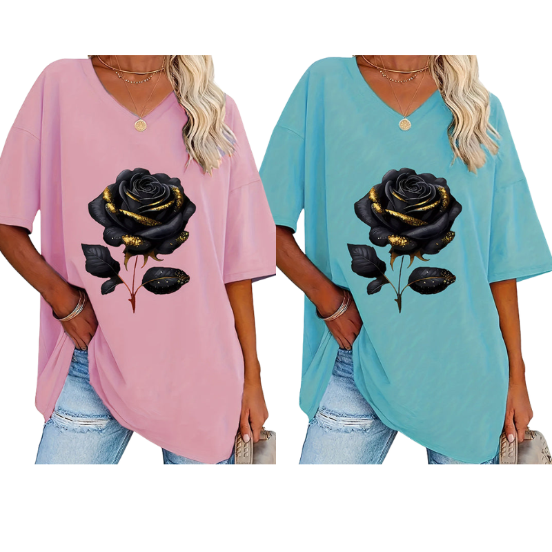 📊 Déjà plus de 100.000 vendus ! T-shirt à col en V imprimé roses pour femmes grandes taillesC