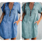 ⌛Offre à durée limitée – Robe-chemise décontractée en jean pour femme, coupe ample, revers, manches courtes, fermeture éclair et poches