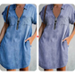 ⌛Offre à durée limitée – Robe-chemise décontractée en jean pour femme, coupe ample, revers, manches courtes, fermeture éclair et poches