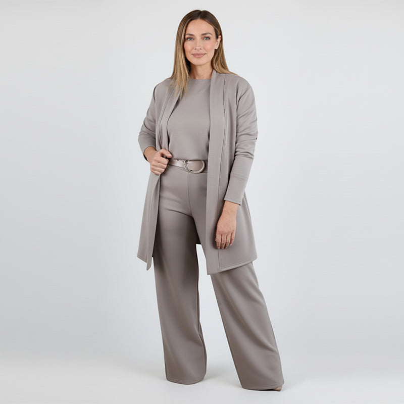 Ensemble 3 pièces élégant comprenant un cardigan long, un haut et un pantalon