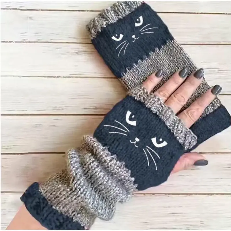 🎁 Promotion du dernier jour 50 % DE RÉDUCTION 🐱 Gants tricotés pour femmes avec motif chat — Pour des mains au chaud et des doigts libres 🧶