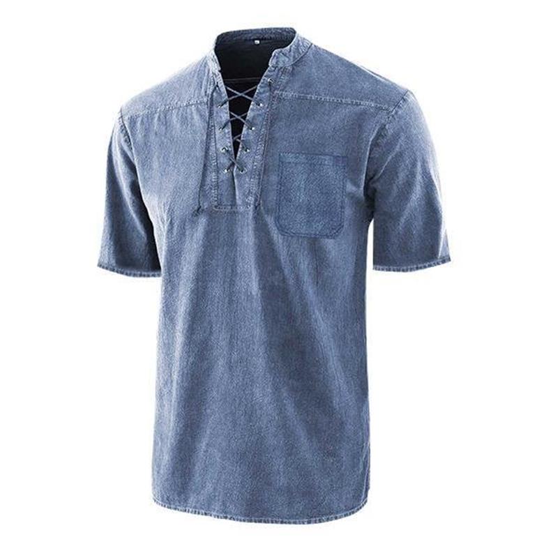 🥰Vintage men's V neck tie linen pocket short sleeve T Shirt loose top