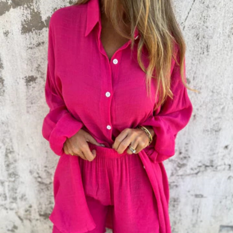 🔥Vente flash 59% de réduction💃Ensemble deux pièces chemise et short décontractés en coton et lin pour femme