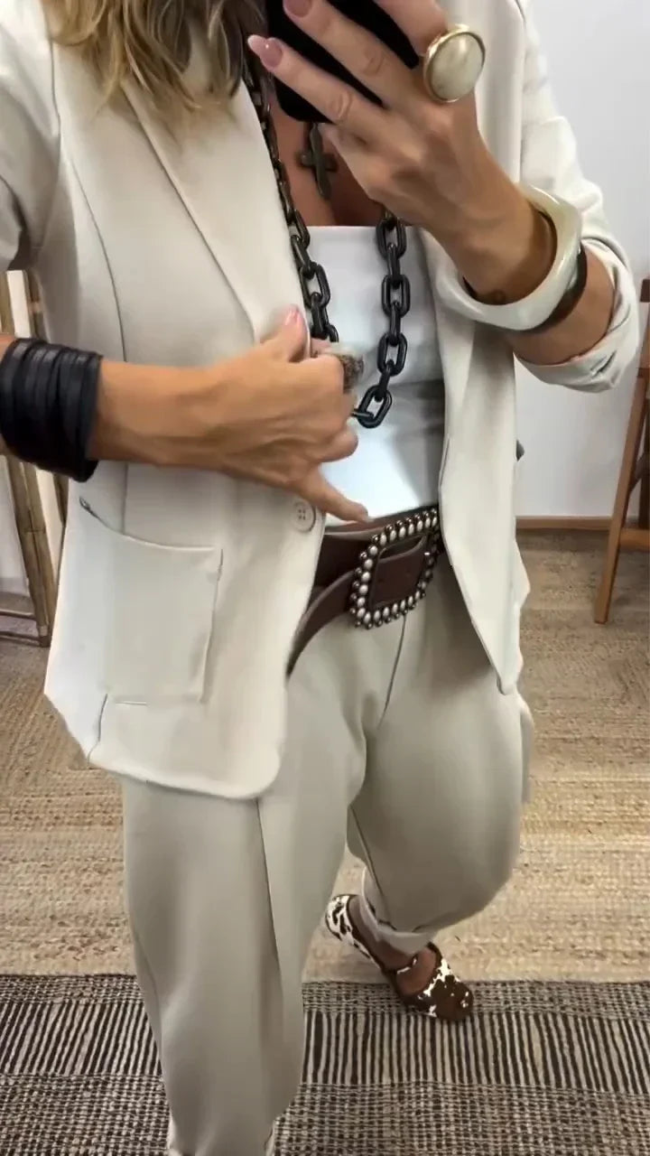 Veste à col pour femme + pantalon - Ensemble élégant pour aller au travail