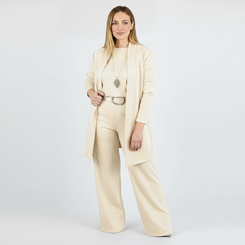 Ensemble 3 pièces élégant comprenant un cardigan long, un haut et un pantalon