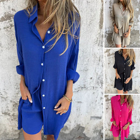 🔥Vente flash 59% de réduction💃Ensemble deux pièces chemise et short décontractés en coton et lin pour femme