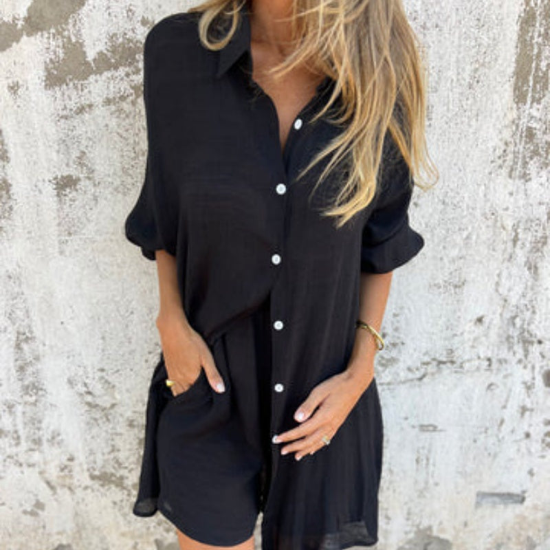 🔥Vente flash 59% de réduction💃Ensemble deux pièces chemise et short décontractés en coton et lin pour femme