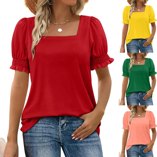 🔥Vente directe d'usine🔥T-shirt décontracté à col carré et manches froncées pour femme