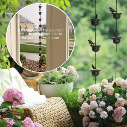 🔥Soldes à durée limitée 50 % de réduction🔥Quand la pluie rencontre l'art – Chaîne de pluie décorative avec motif bain d'oiseaux