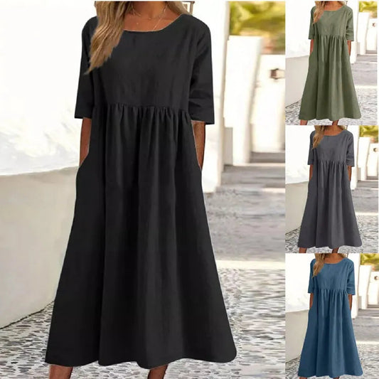 🔥Soldes d'été🔥Robe en coton à poches et col rond - Achetez 2 livraisons gratuites