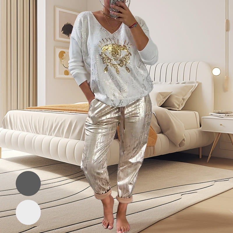 🌷VENTE DU DERNIER JOUR 49% DE RÉDUCTION 💝Ensemble top et pantalon à paillettes Devil's Eye Gold Foil