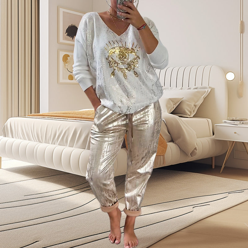 🌷VENTE DU DERNIER JOUR 49% DE RÉDUCTION 💝Ensemble top et pantalon à paillettes Devil's Eye Gold Foil