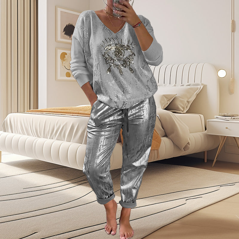 🌷VENTE DU DERNIER JOUR 49% DE RÉDUCTION 💝Ensemble top et pantalon à paillettes Devil's Eye Gold Foil