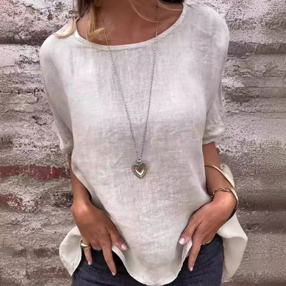 Blouse à manches mi-longues en lin et coton unie à col rond pour femmes