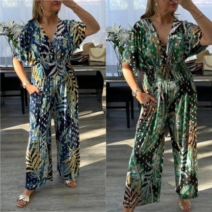 Combinaison d'été à taille extensible pour femmes, imprimé feuilles