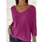 Top tricoté uni pour femme avec col en V et manches chauve-souris