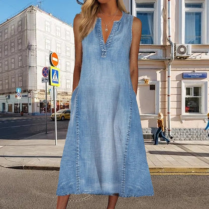 Robes midi en denim sans manches pour femmes