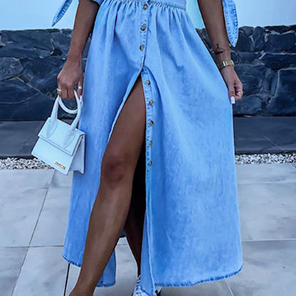 Robe en denim boutonnée à col en V pour femmes