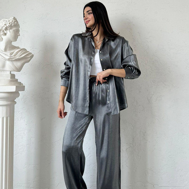 Trendy 2 Piece Outfits Shiny Shirt and High Waist Wide Leg Pants